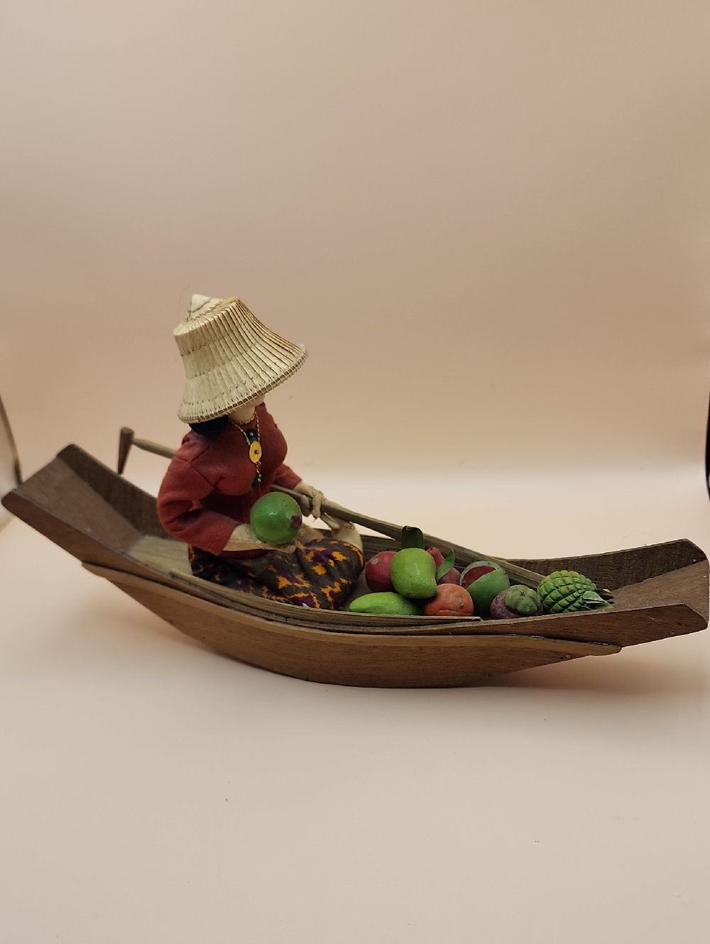 Vintage Thai  Floating Market Souvenir Doll In wooden boat Carved Fruit